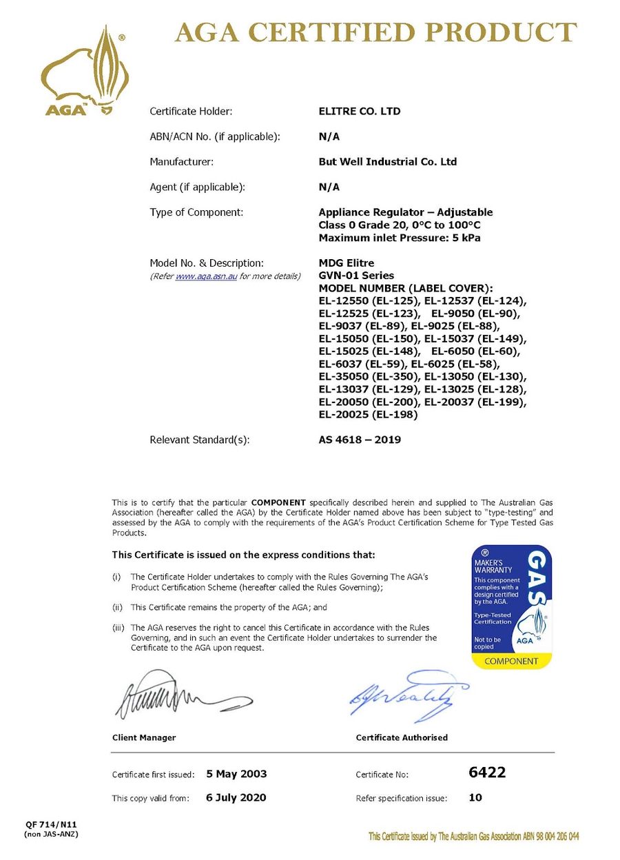 AGA certificate No. 6422, MDG Elitre GVN-01 series