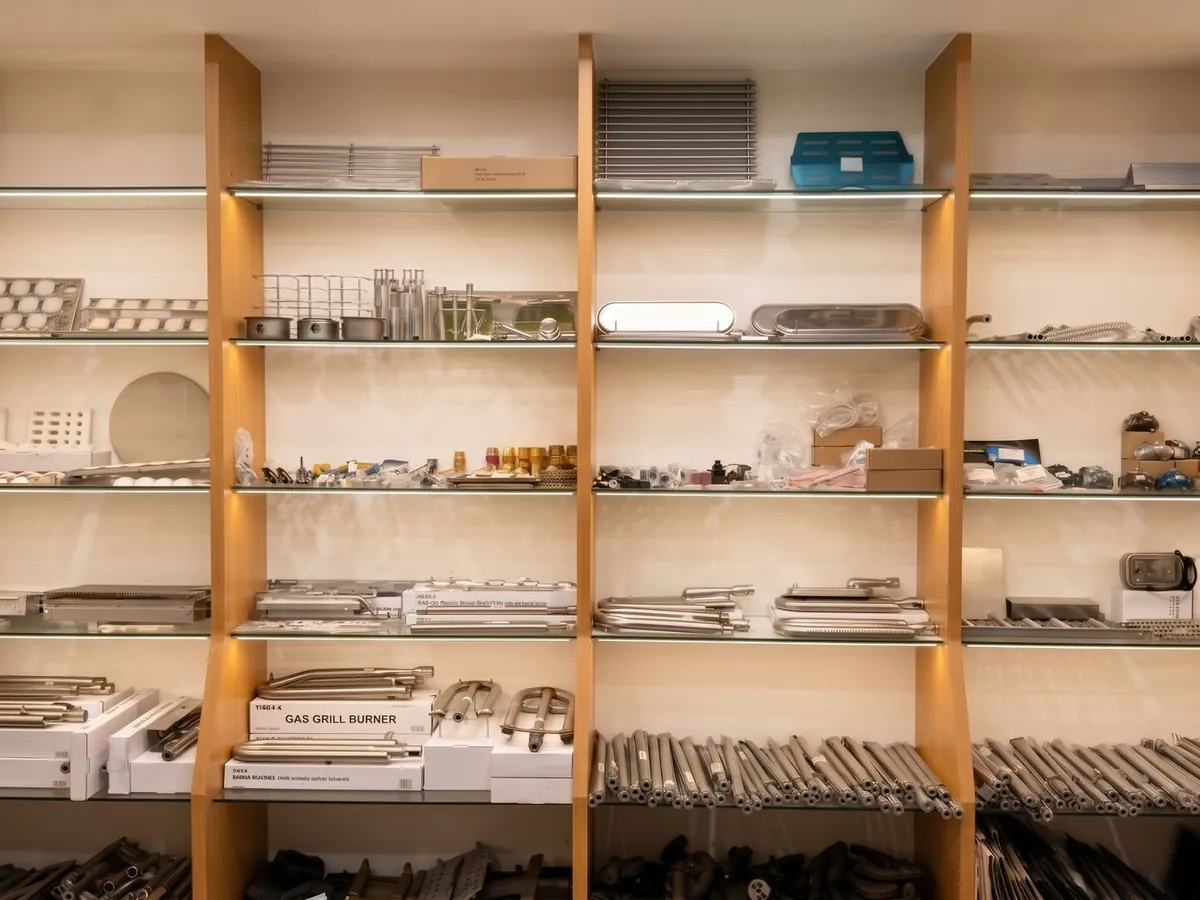 Elitre showroom shelves with burners, grids and gas components · ELITRE 展示間：爐頭、烤網與瓦斯零組件